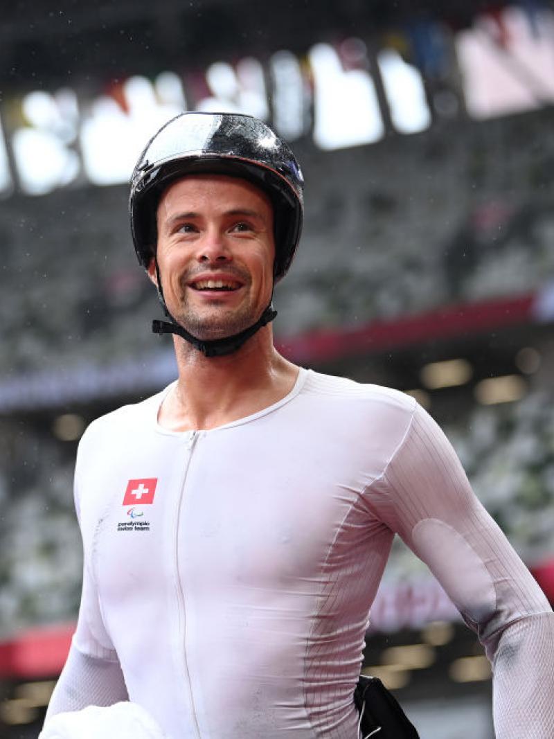 Marcel Hug of Switzerland reacts after victory in the Men's Marathon T52 at the Tokyo 2020 Paralympic Games.
