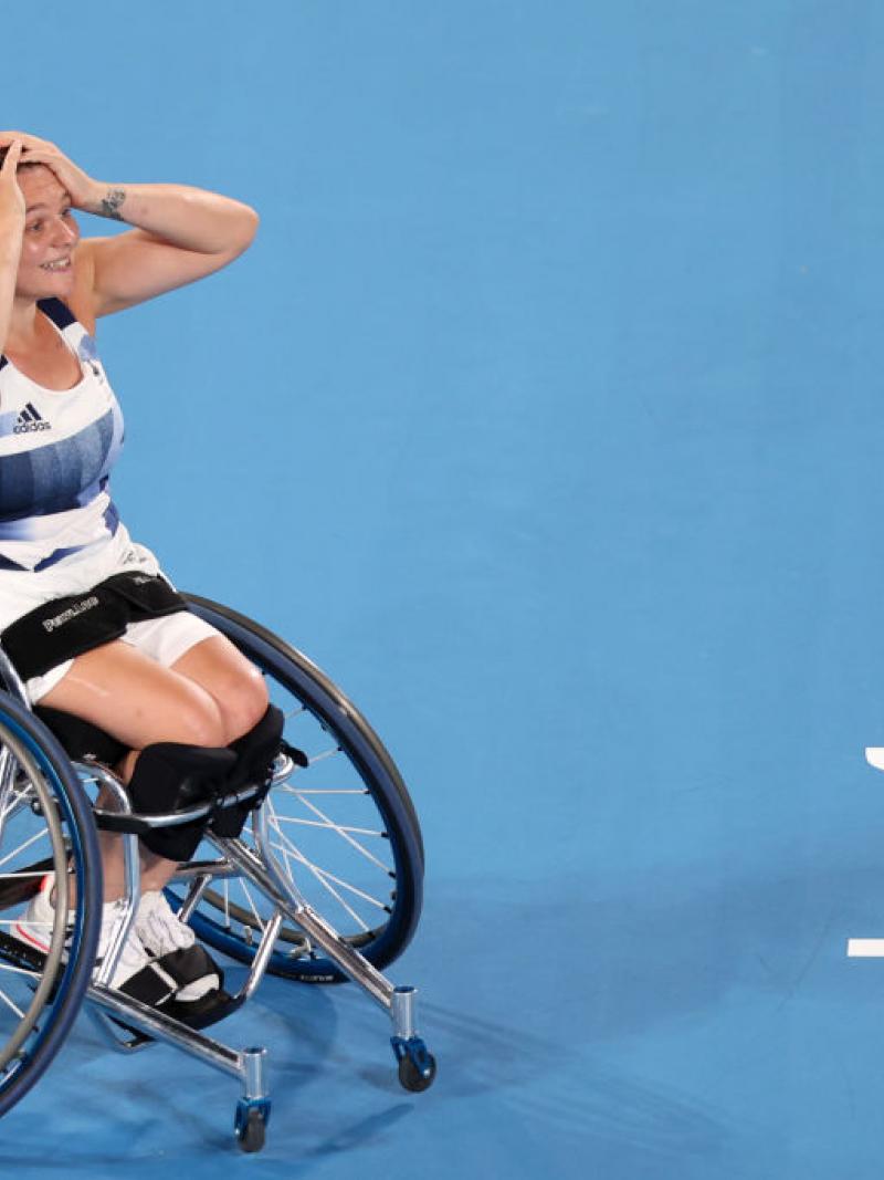 WILL BE MISSED: Jordanne Whiley of Great Britain reacts after winning bronze beating Aniek van Koot of Netherlands in the Wheelchair Tennis Women's Singles  at the Tokyo 2020 Paralympic Games. 