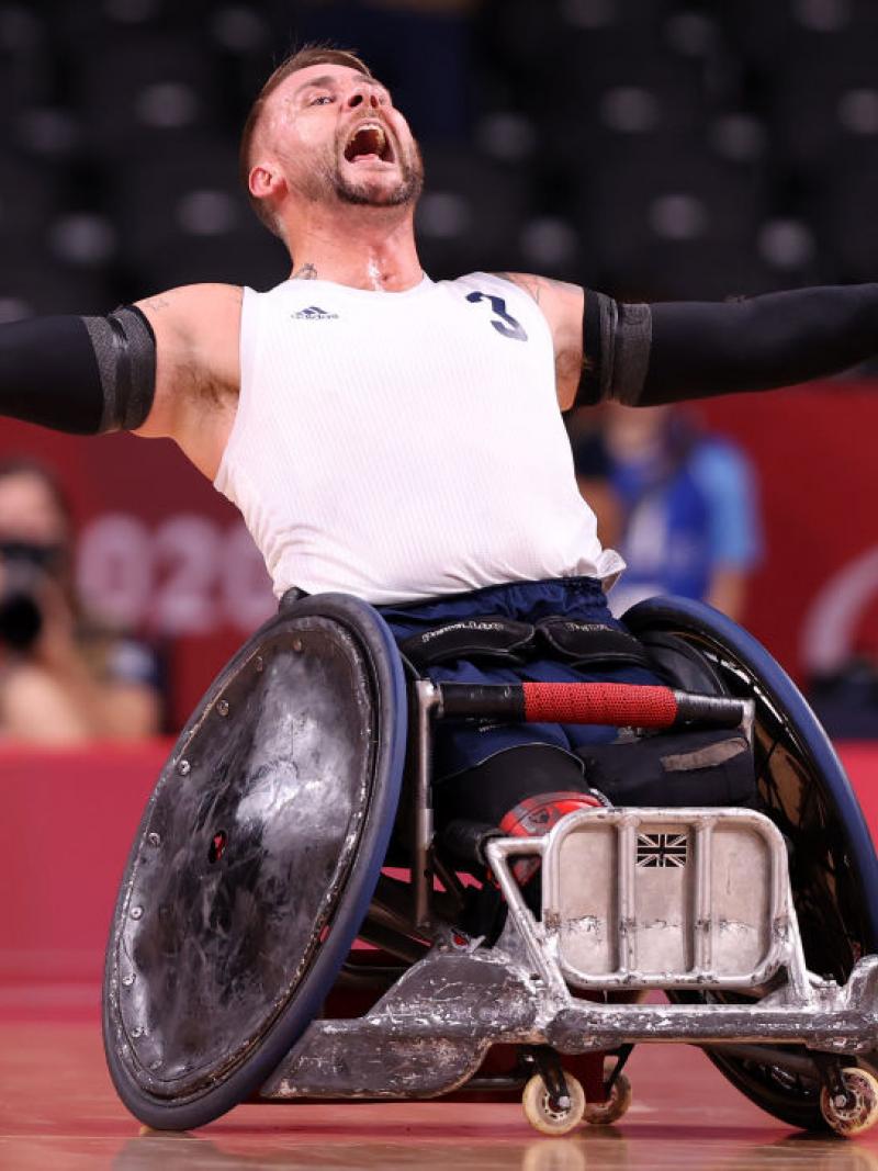 Stuart Robinson of Great Britain reacts after defeating United States during the gold medal wheelchair rugby match at Tokyo 2020 Paralympic Games at Yoyogi National Stadium in Tokyo, Japan. 