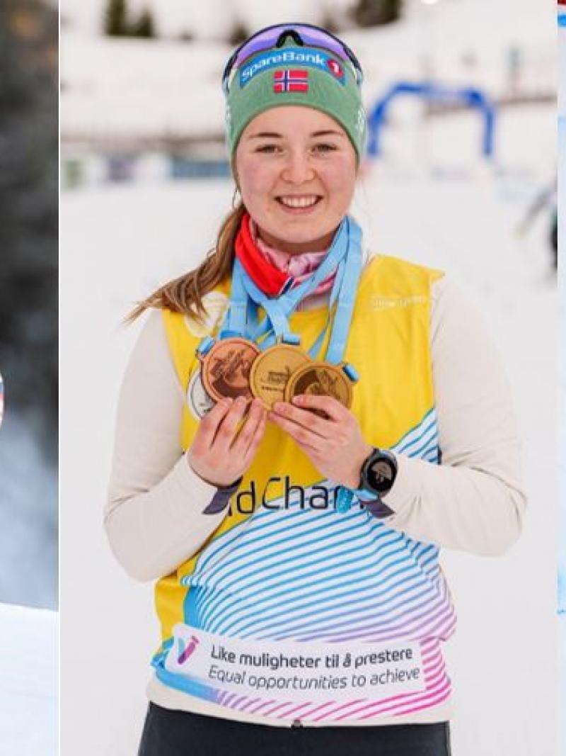 A collage with a female skier in a competition, a woman showing her medals and three male snowboarders