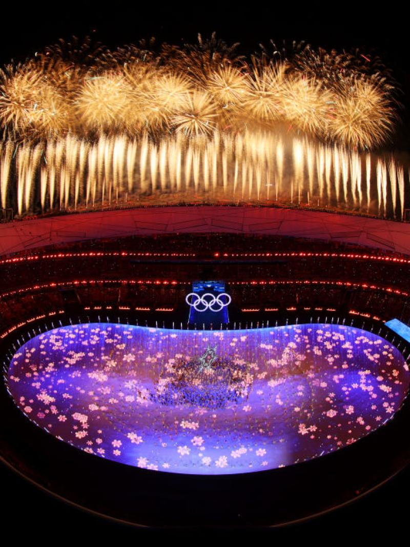 A firework display inside the stadium during the Beijing 2022 Winter Olympics Closing Ceremony.