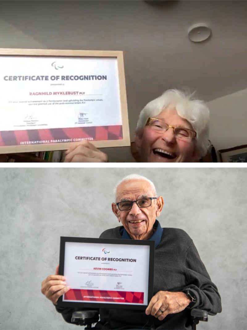 Ragnhild Myklebust and Kevin Coombs OAM holding the certificates as the first two recipients for the PLY initials