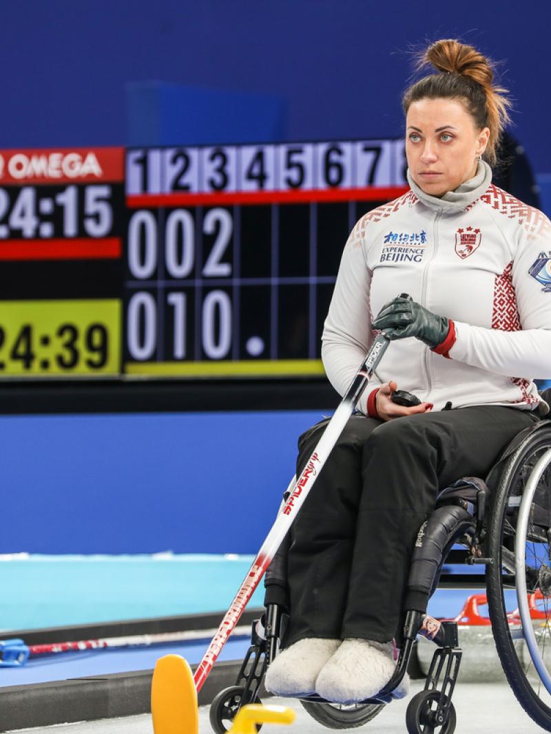 Latvia's wheelchair curler Polina Rozkova in action