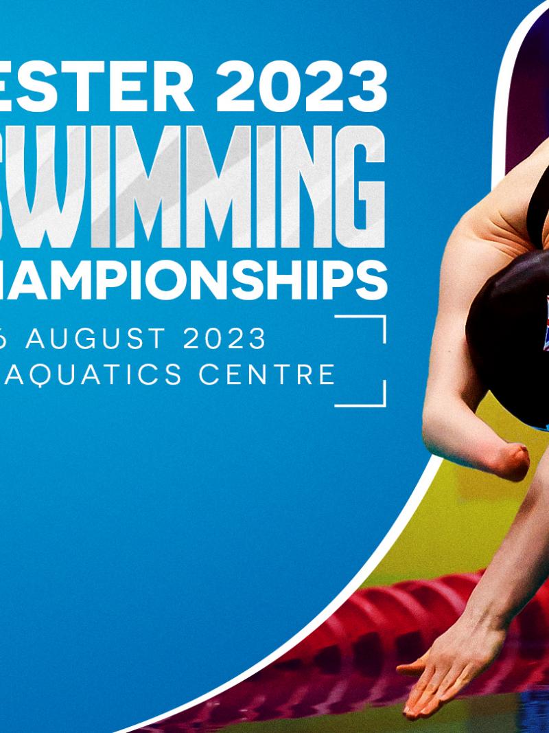 A banner with a female Para swimmer and the announcement of the Manchester 2023 Para Swimming World Championships