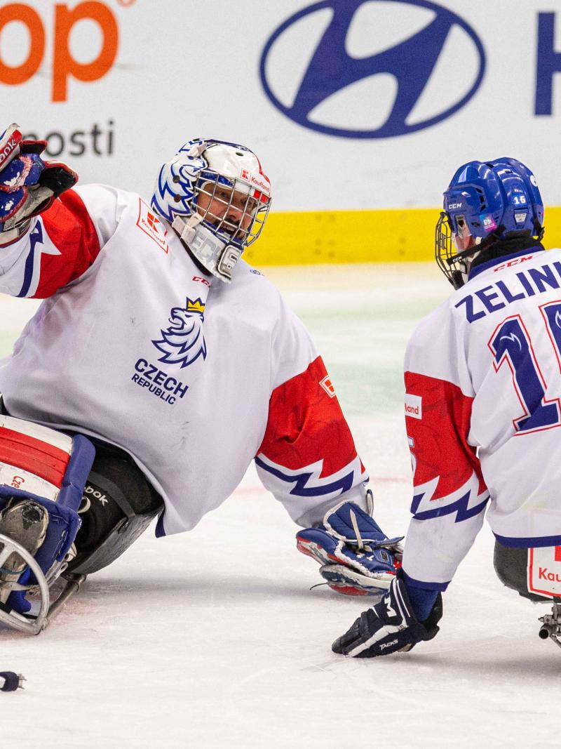 A goalie and a player sliding towards each other on the ice for a hug