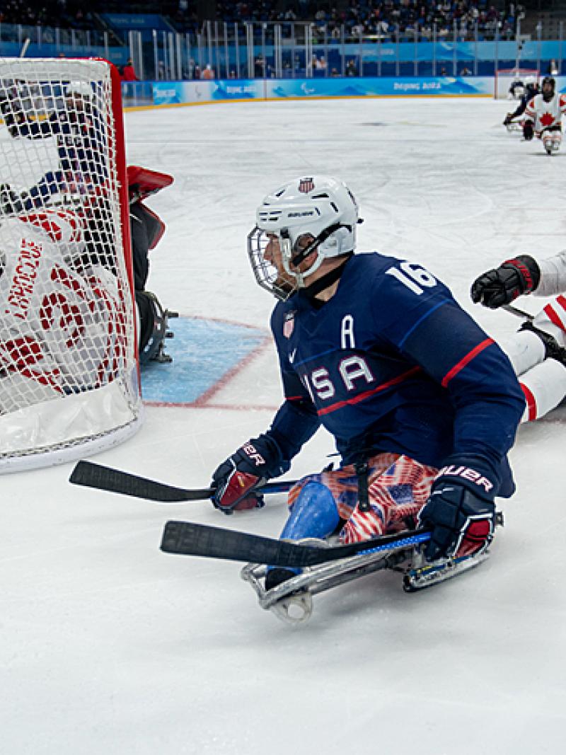 Declan Farmer USA shoots during the Para Ice Hockey Gold Medal Game between United States and Canada