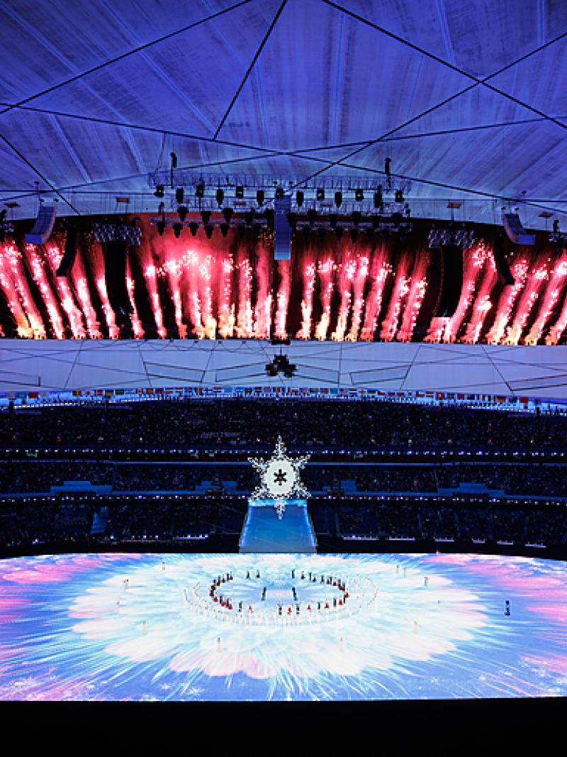 Fireworks can be seen from the inside surrounding the Birds Nest Stadium 