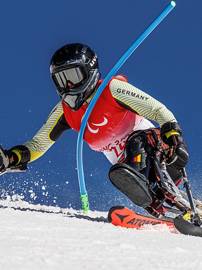 Anna Lena Forster hits a gate during the slalom of the super combined at Beijing 2022