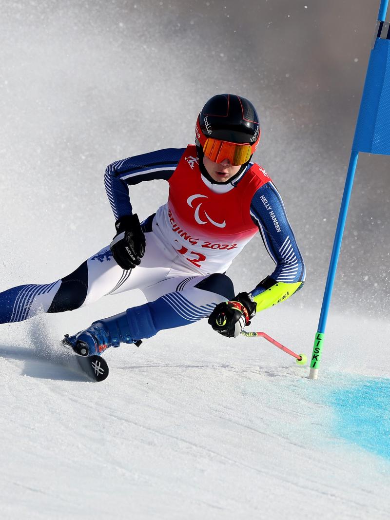 Finnish Para Alpine skier Santeri Kiiveri competes at the Beijing 2022 Paralympic Winter Games