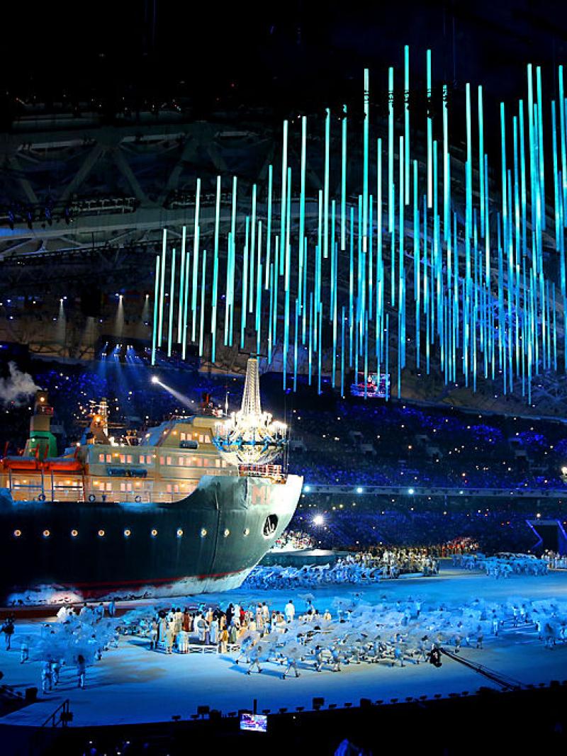 A giant ice breaker ship enters the arena of the Opening Ceremony of the Sochi 2014 Paralympic Winter Games.