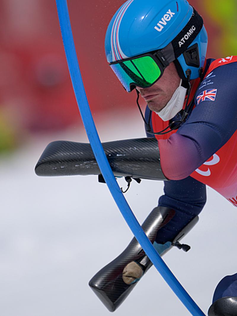James Whitley wearing Great Britain's uniform competing in the Beijing slalom course