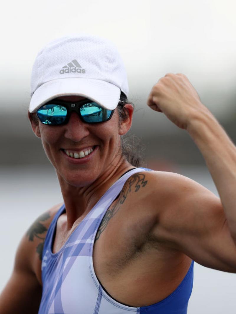 Moran Samuel pumps her fist after winning a silver medal in the PR1 women's single sculls final.