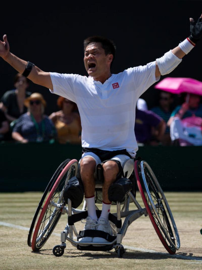 Shingo Kunieda of Japan celebrates winning match point against Great Britain’s Alfie Hewett in the Wimbledon 2022 men's singles final in London.