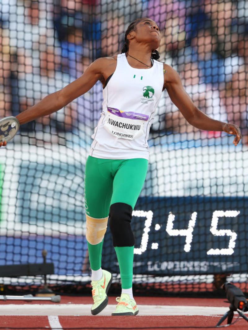 A female discus thrower during an athletics field event