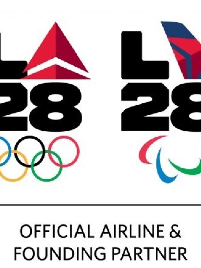 Emblems of the LA28 Olympic and Paralympic Games integrated with the logos of Delta Air Lines