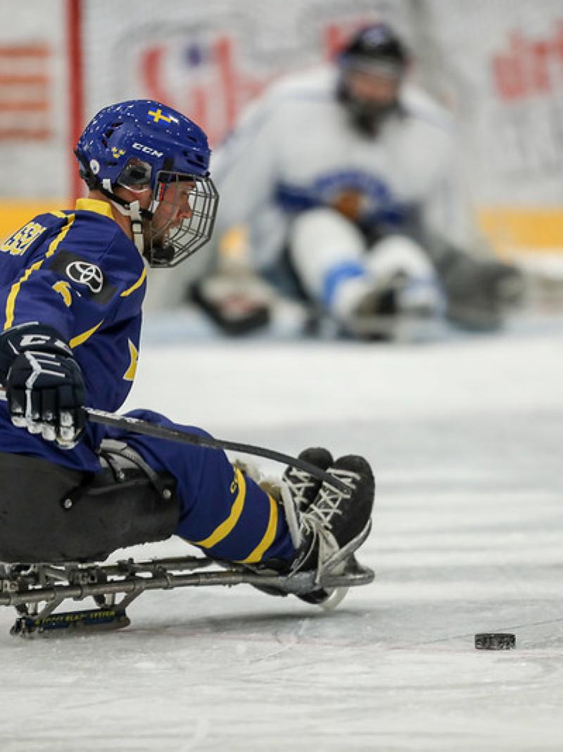 A Para hockey player preparing to shoot in front of an opponent with a goaltender in the background