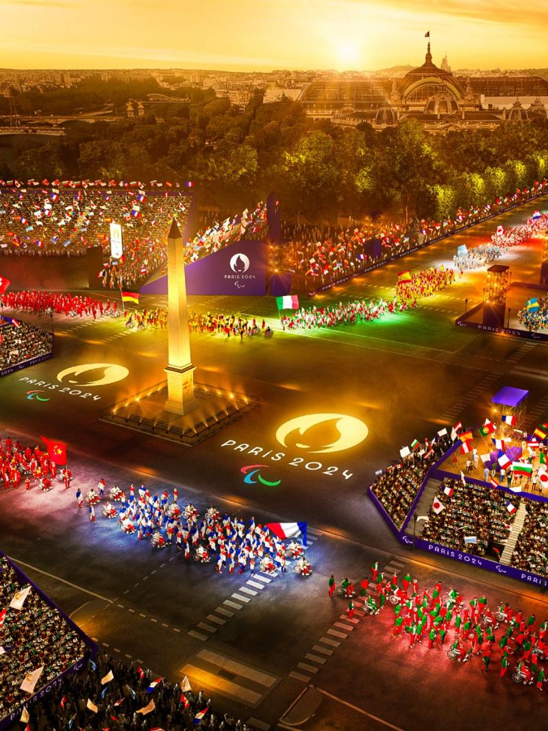 A mock-up image of the Athletes' Parade as multiple delegations, including France, reach the Place de la Concorde.