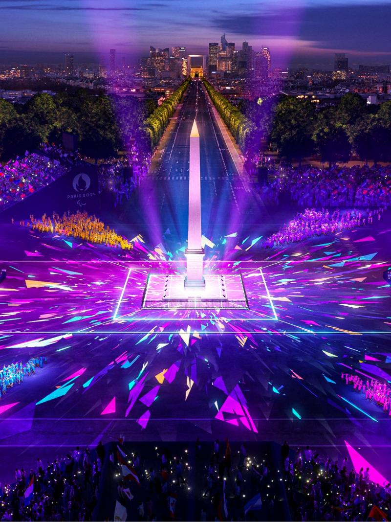 A mock-up image of the Place de la Concorde as it lights up in purple colours for the Opening Ceremony of Paris 2024.