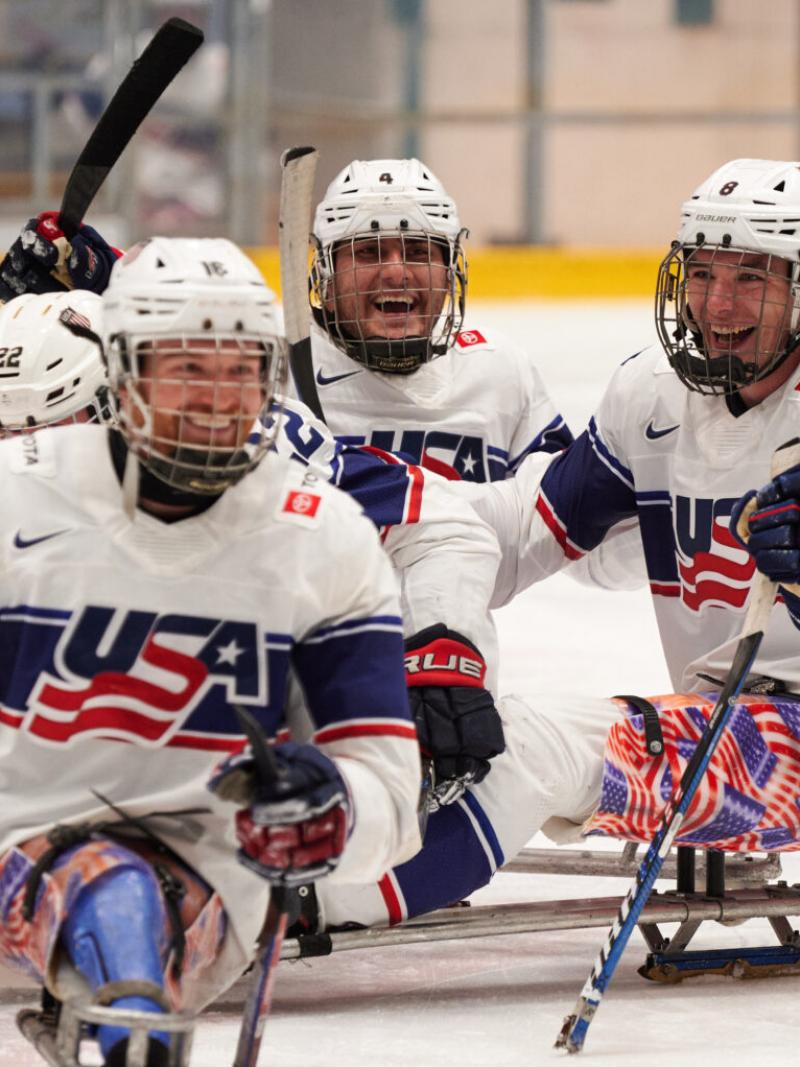 USA players celebrate their triumph in Ostrava as they beat Canada in the final of the International Para Hockey Cup.