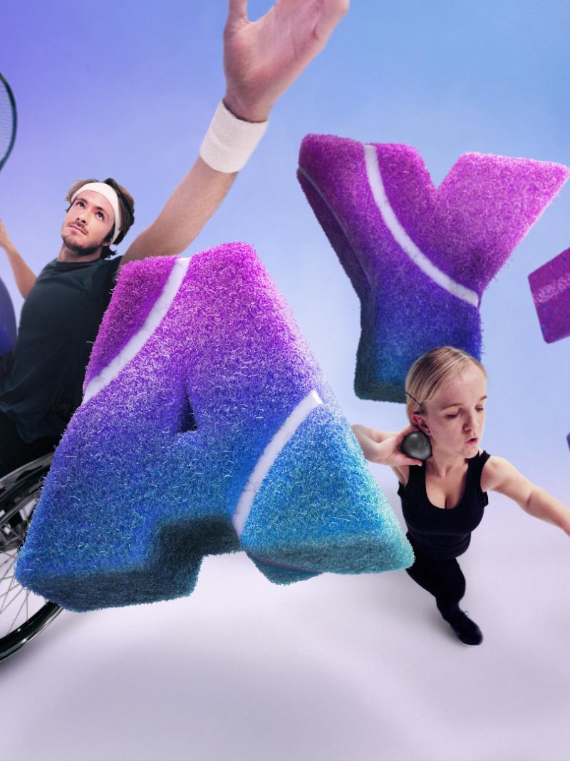 Three athletes - a male wheelchair player, a female shot putter and a female runner - show off their sports next to stylised letters that read "Day 1".