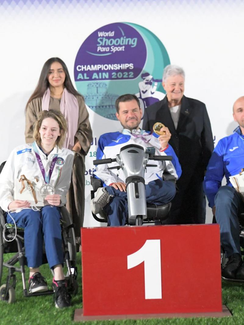 Medallists pose with their medals at the podium of R9 - mixed 50m rifle prone SH2 in Al Ain on Friday. 