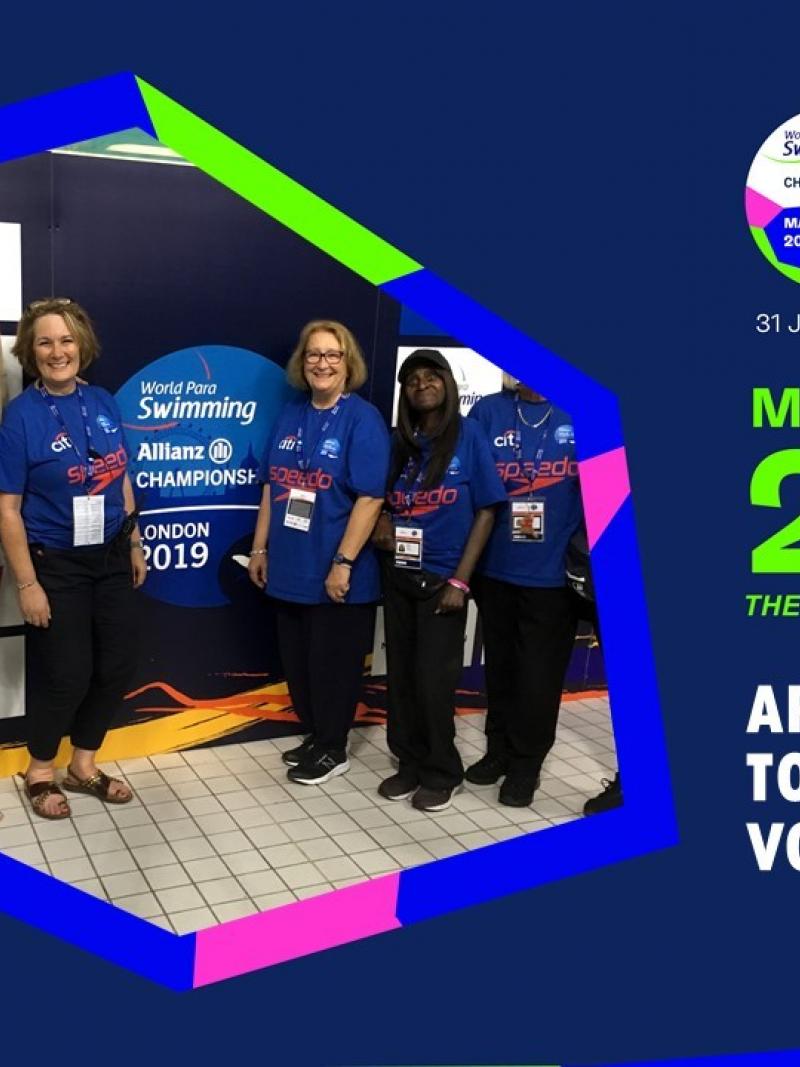 A graphic to announce the volunteer application for Manchester 2023 with a picture of six volunteers