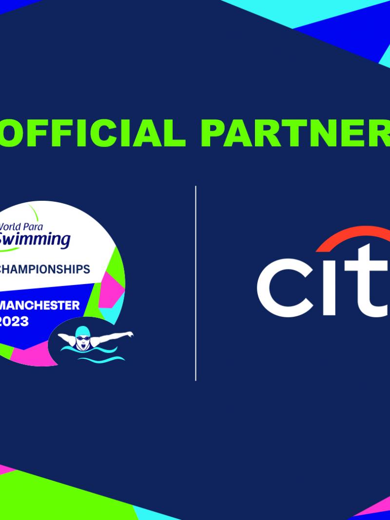 A banner of the Manchester 2023 Para Swimming World Championships and its sponsor Citi