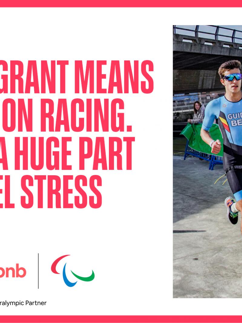 An image of a male runner and his guide runner competing, next to the graphics that say "Having the grant means I can focus on racing. It removes a huge part of the travel stress"