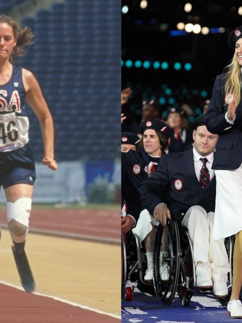 A collaged photo of a female athlete competing at the Atlanta 1996 Games and leading the US delegation at the Opening Ceremony of the London 2012 Paralympic Games.