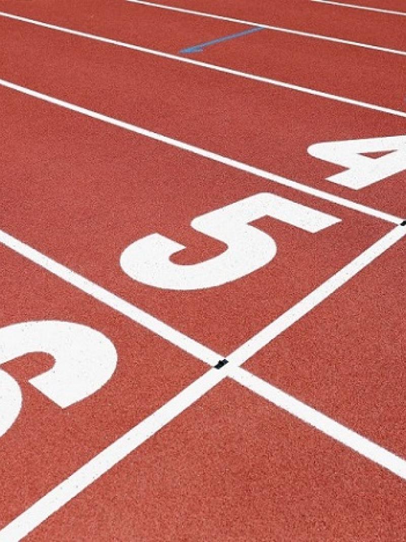 A finishing line in an athletics track