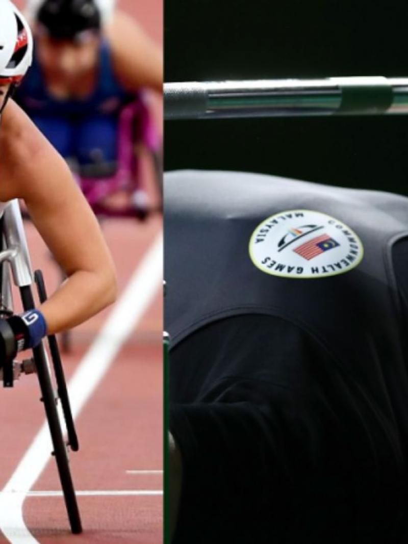 An image with two pictures, one showing a woman in a racing wheelchair and the other with a man lifting weight on a bench press