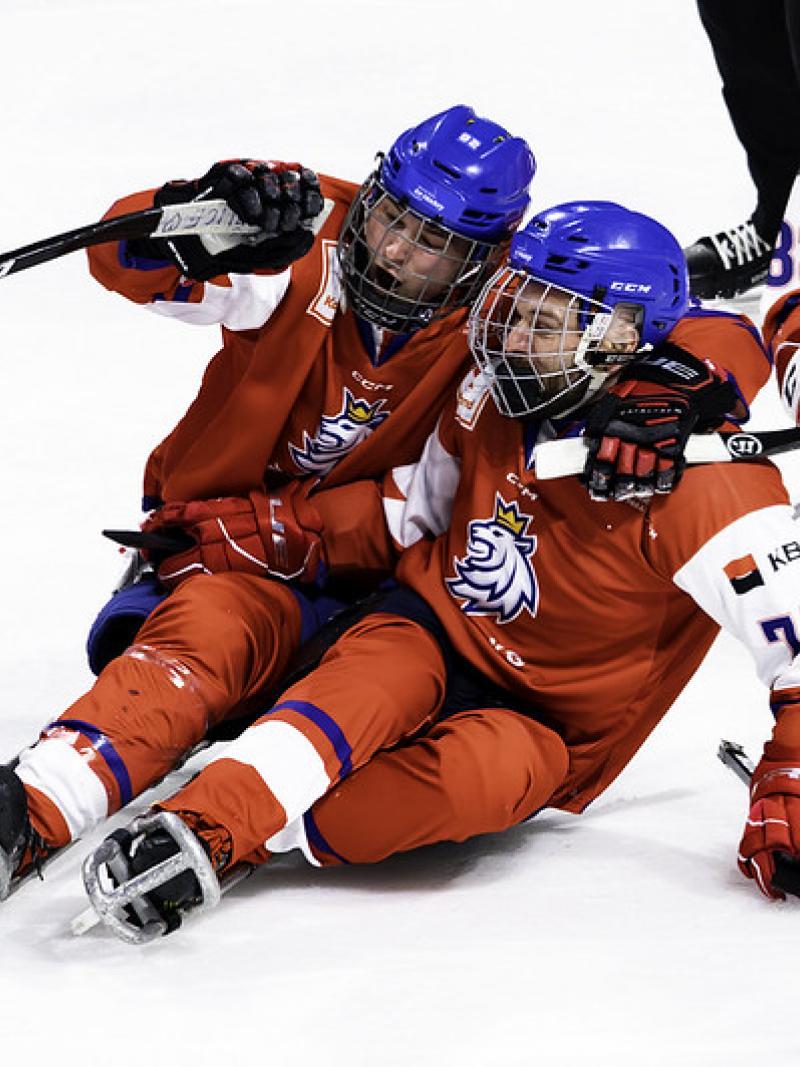 Czech players celebrate after the end of the bronze medal game against China.