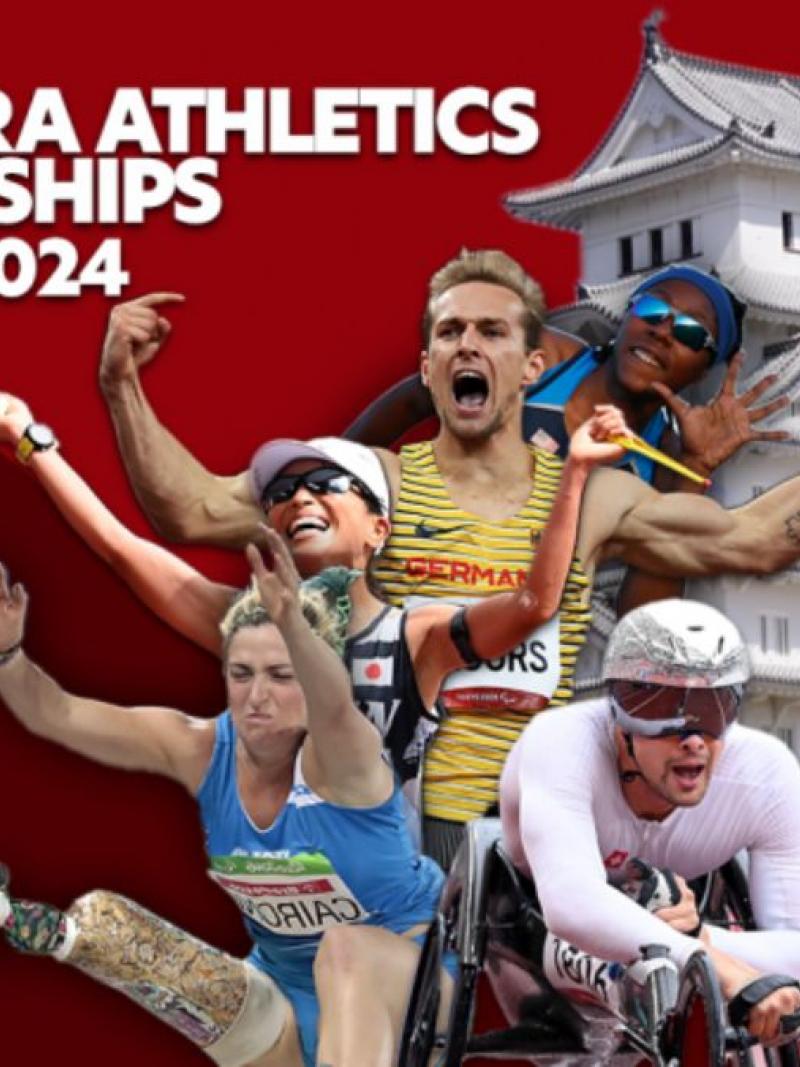 Image of different Para athletes and traditional Japanese house with Kobe 2024 World Para Athletics Championships logo