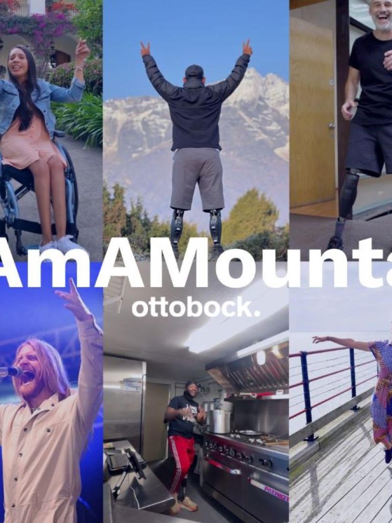 A logo of Ottobock's I am A Mountain campaign. The logo shows nine people with prosthetics posing and a male singer.