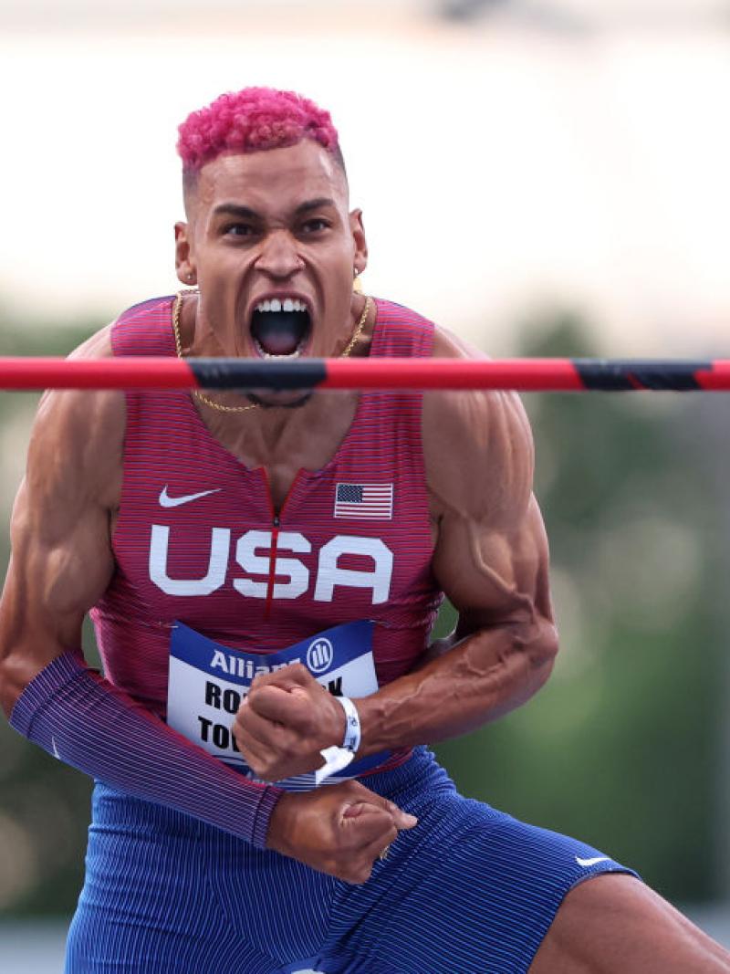 Roderick Townsend-Roberts screaming in delight after clearing the bar
