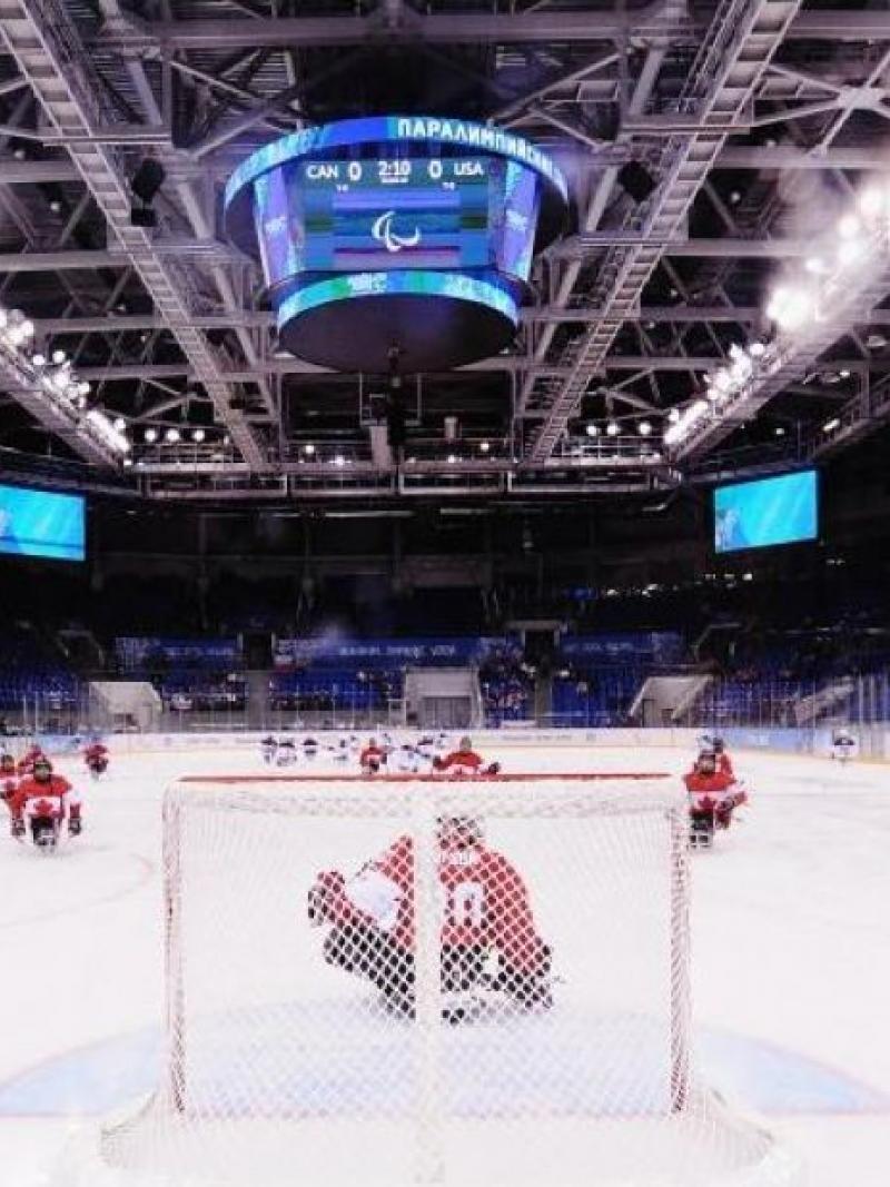 Canadian players warm up prior to the Ice Sledge Hockey Play-off semi final between Canada and the United States of America at the Sochi 2014 Winter Paralympic Games.