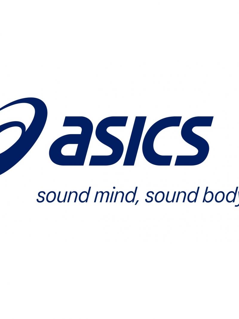 Sportswear brand ASICS logo, with its brand philosophy 'sound mind, sound body'