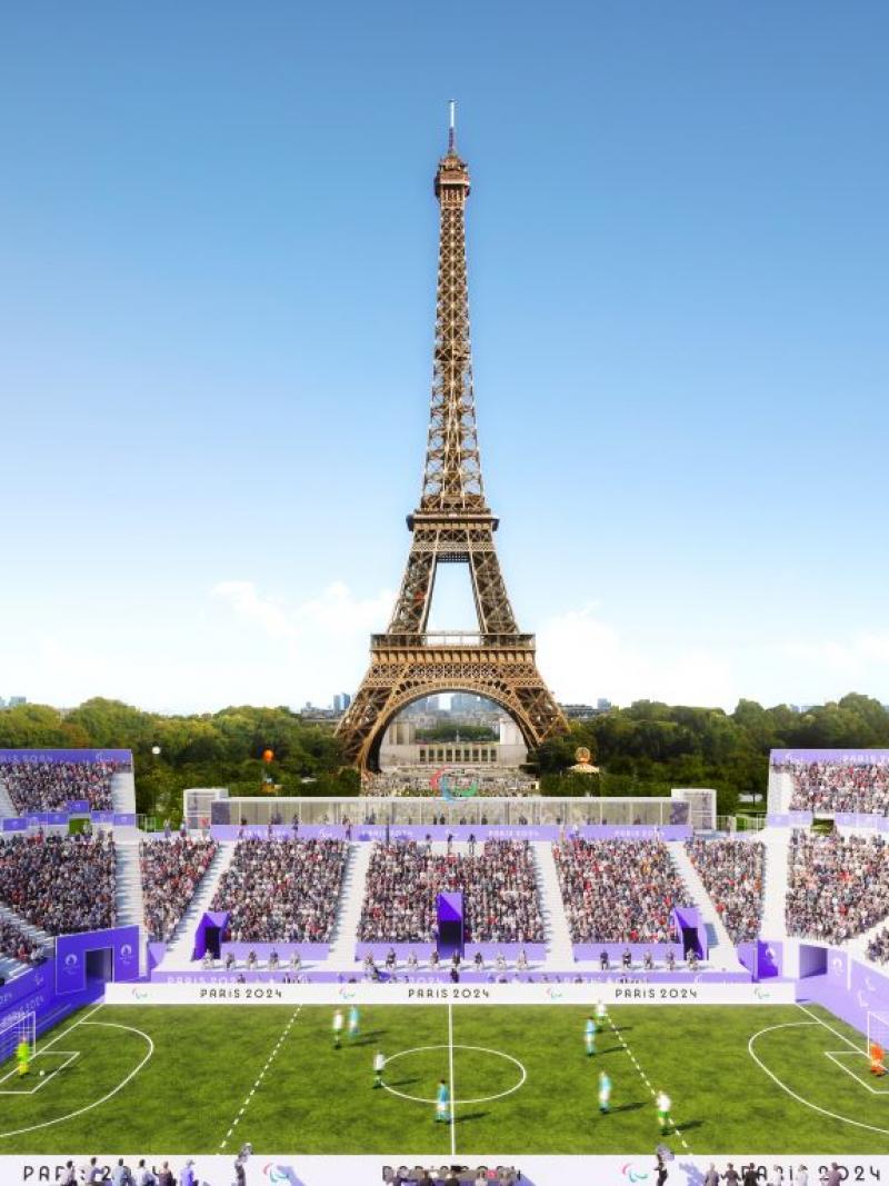 A graphic of a football pitch located at the foot of the Eiffel Tower.