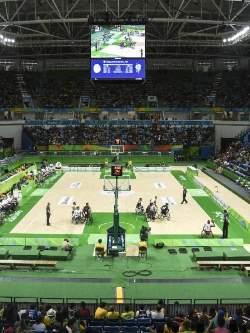 Panoramic view of the Arena Carioca 1 during a wheelchair basketball game at Rio 2016