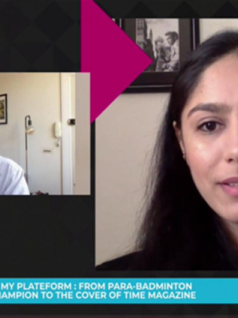 Screen shot of Indian female athlete being interviewed 