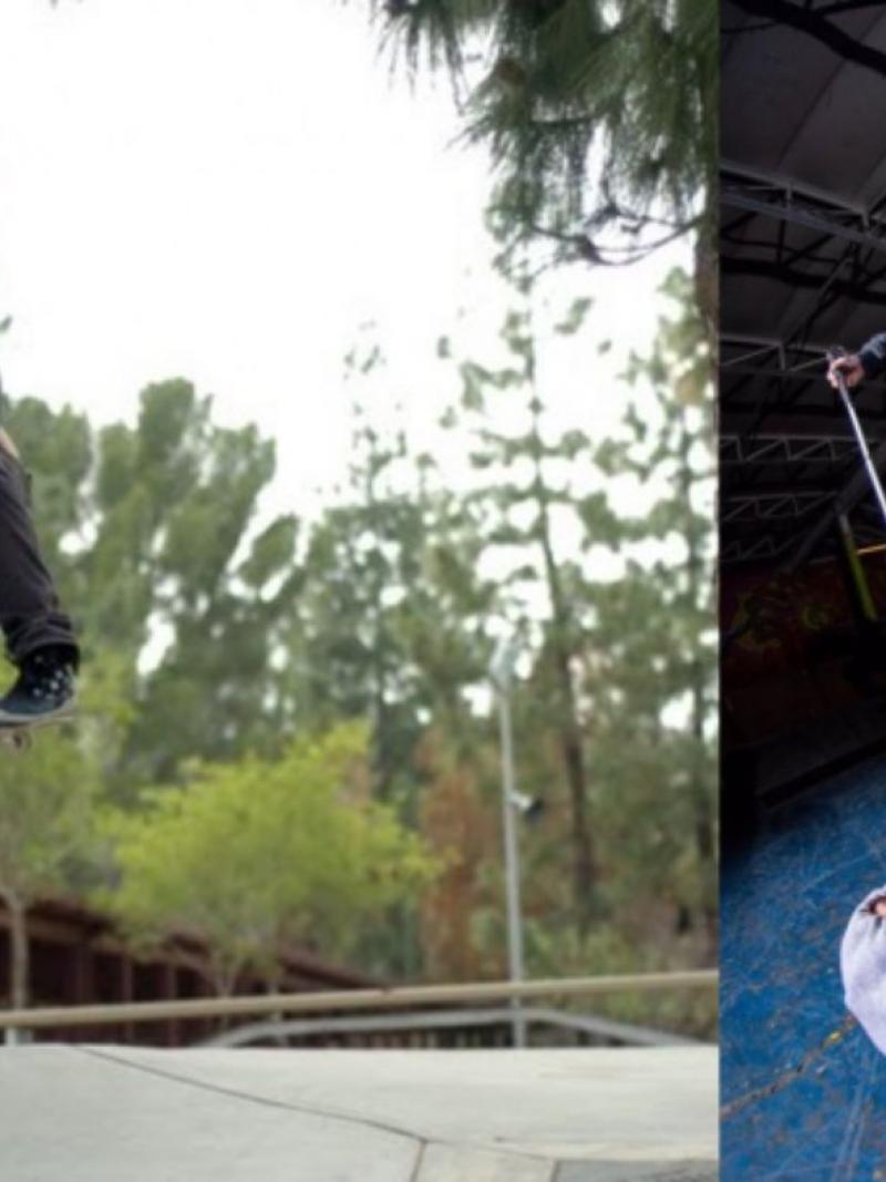 Two photos of blind skateboarder Dan Mancina doing tricks. In the first one he is jumping on a rail and in the second he is jumping over a person while holding a white cane.