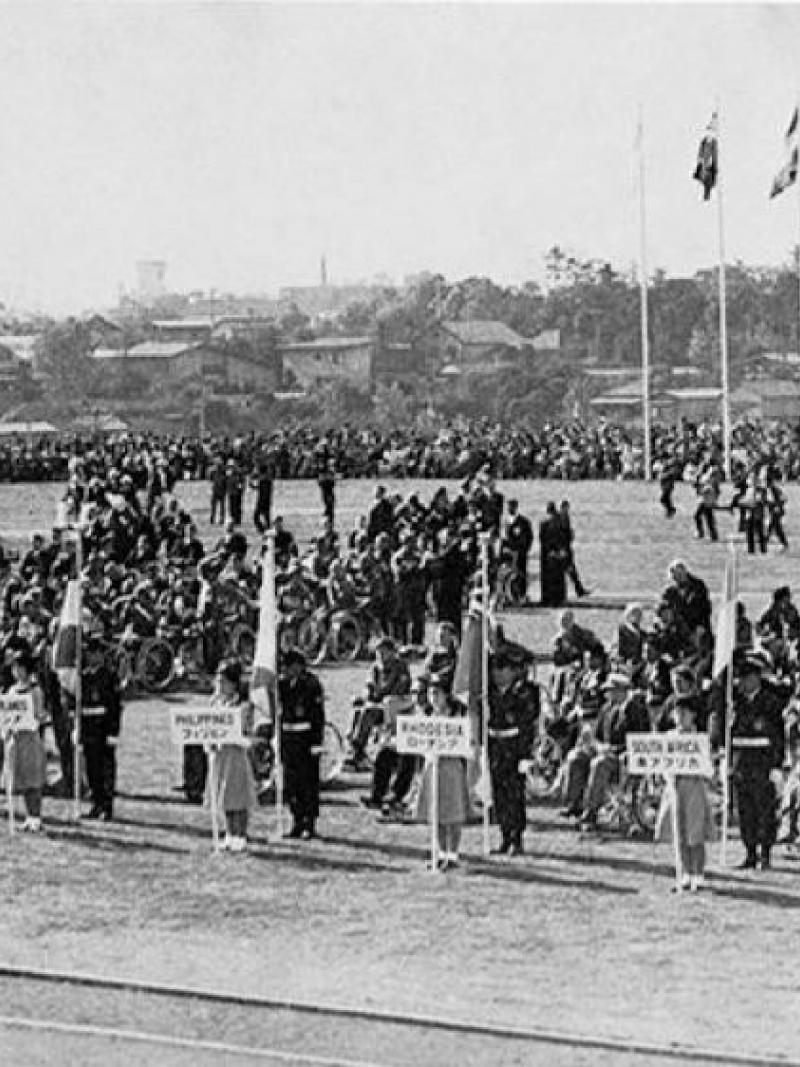 Countries lined up in Oda Field at the Tokyo 1964 Paralympics