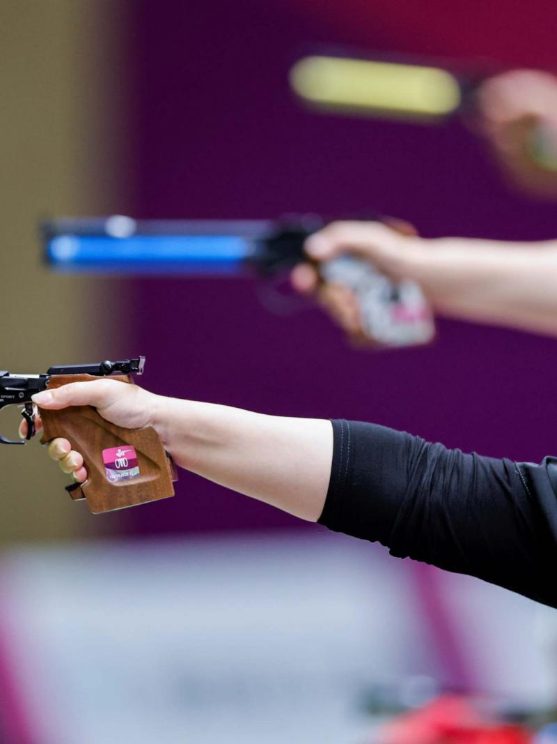 A female shooter in a pistol competition
