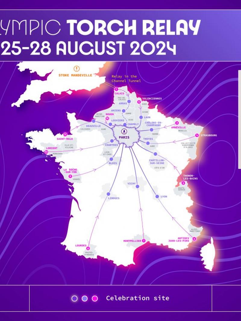 Map of the torch relay for Paris 2024