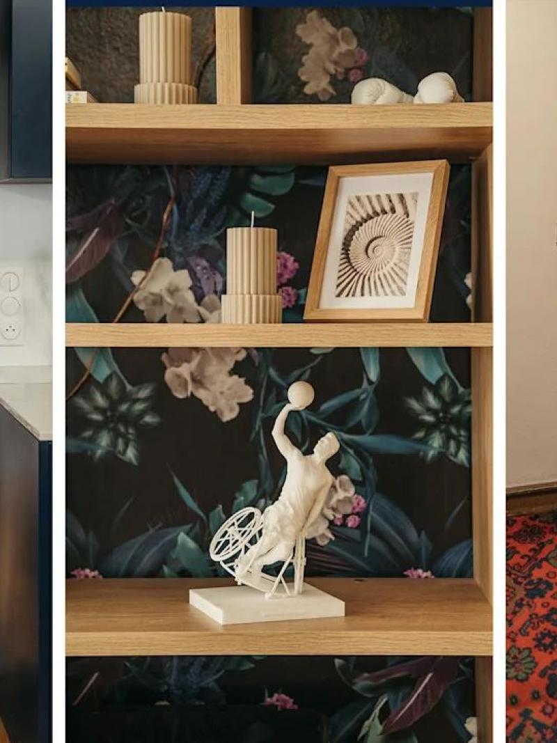 A collaged photo of a male wheelchair basketball player and two photos of his apartment.