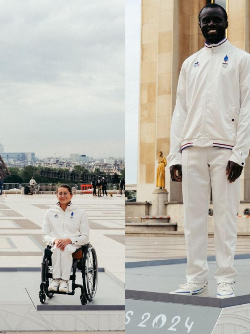 A collaged photo of three athletes posing on the podium