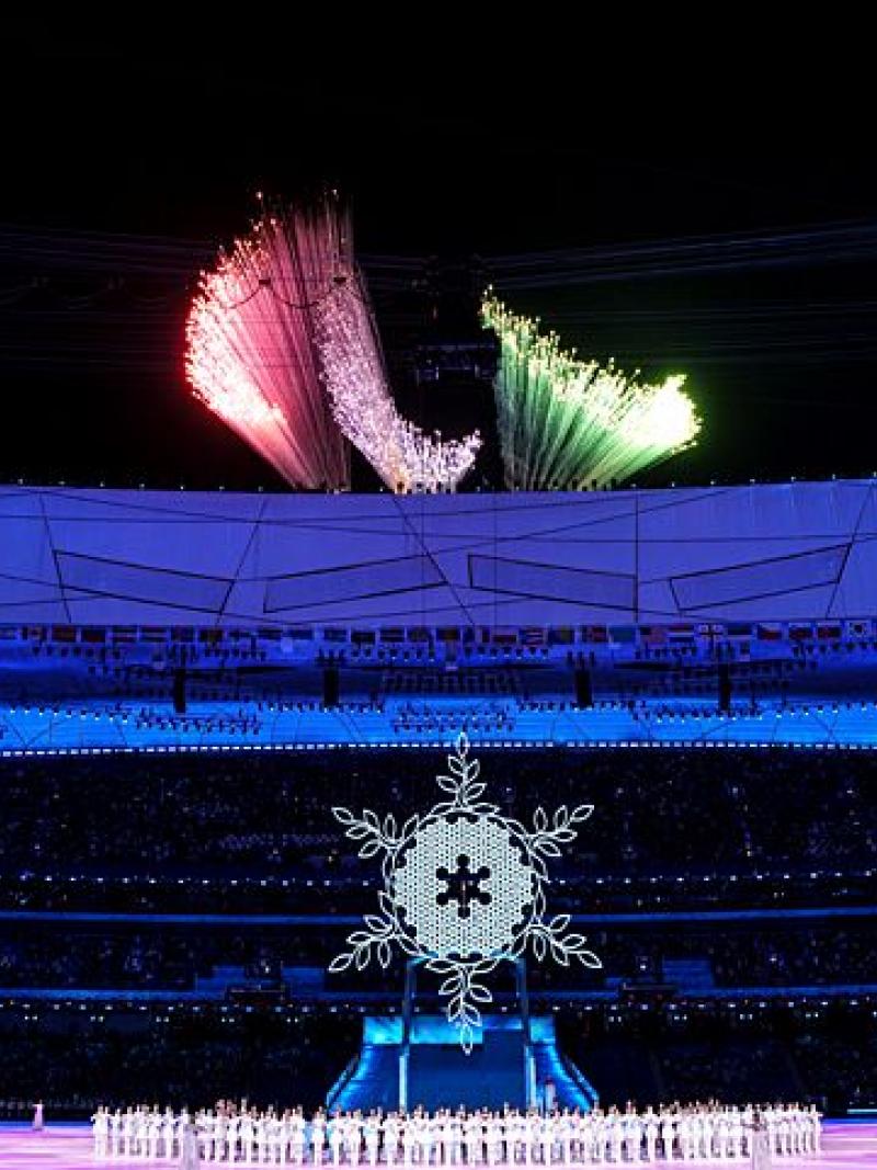A wide shot of the Beijing 2022 Opening Ceremony and fire works.