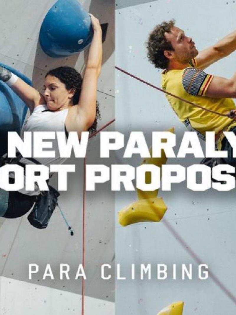 A collaged photo of two Para climbing athletes. The image says "LA 28 New Paralympic Sport Proposal Para Climbing"