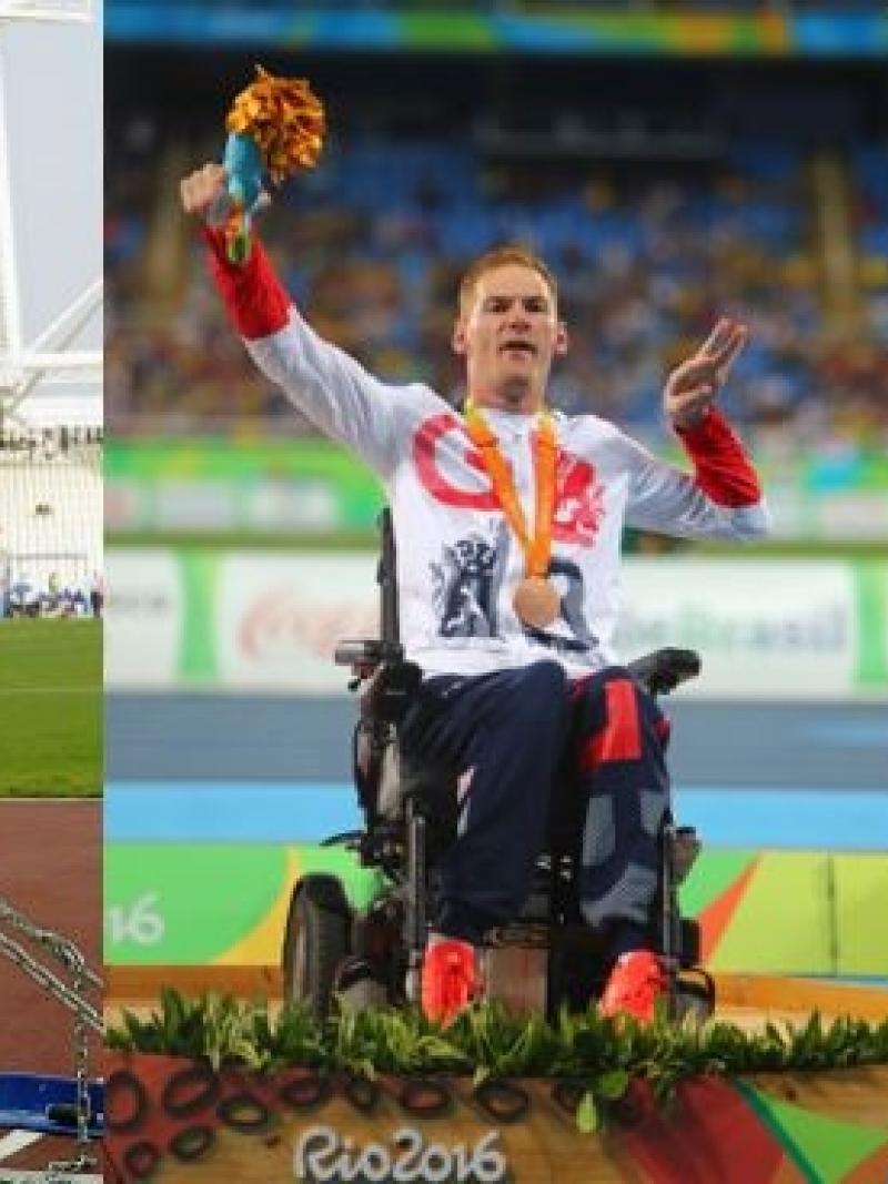 A collage of three photos of a Para athletics club thrower