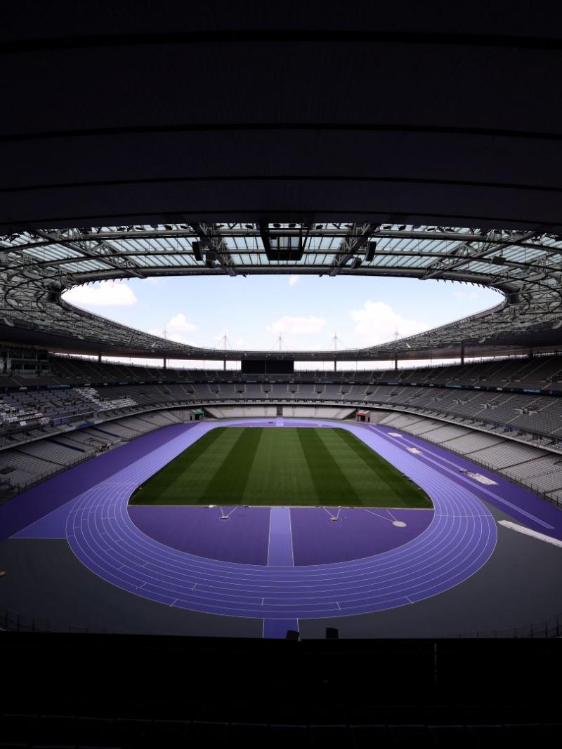 A view of the purple track of the Stade de France in Paris